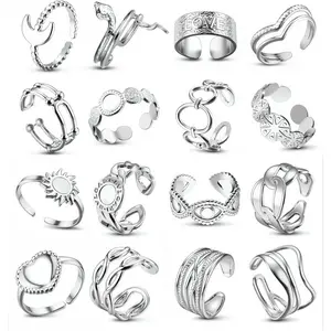 LOLIAS 16Pcs Stainless Steel Rings for Women Chunky Silver Rings Non Tarnish Stackable Ring Open Adjustable Thumb Finger Statement Rings Set
