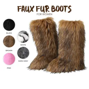 VIMISAOI Womens Faux Fur Knee High Boots Round Toe Pull On Flat Heels Comfortable Snow Boots Fashion Party Dress Fluffy Furry Warm Trendy Boots