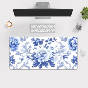 1pc Large Blue & White Peony Mouse Pad & Desk Mat - Waterproof Non-Slip Rubber Base, Soft Smooth Surface, Elegant Floral Computer Gaming & Office Mat with Chinese-Inspired Pattern for PC, Laptop, Workstation