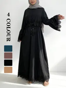 Women's Plain Lace Trim Islamic Dress, Modest Flounce Sleeve Round Neck Dress for Party Wedding Guest, Ladies Clothes for All Seasons [Does not include inner and hijab]
