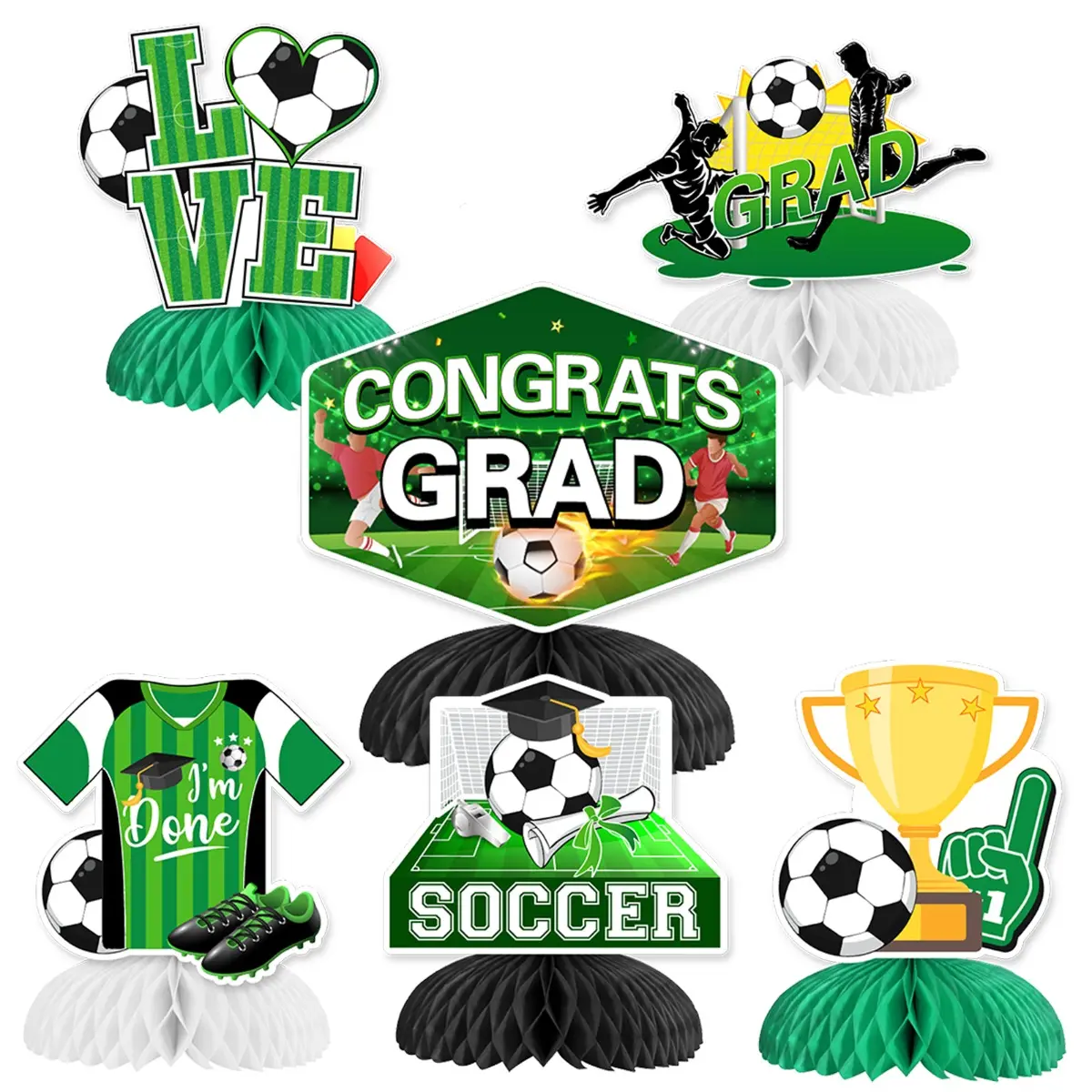 6Pcs Soccer Themed Graduation Honeycomb Centerpieces, Congrats Grad Party Table Decor Set, Festive Home Supplies Gifts for Soccer Party