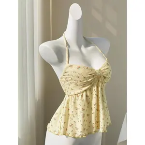 YellowFloralHollow-OutV-NeckCute&SexyBacklessCroppedCamisole,Spring/Summer