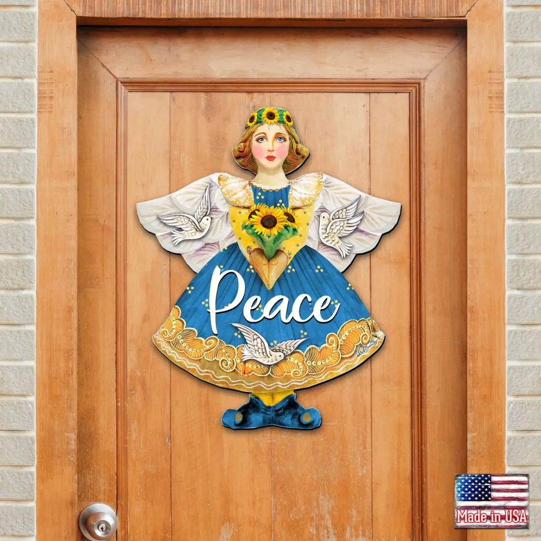 Designocracy 8157616-3H 24x18 in. Wooden Artistic Peace for Ukraine Angel Door Hanger, Outdoor Front Door Decor Gift, Holiday Hanging Home Wall Window Decoration