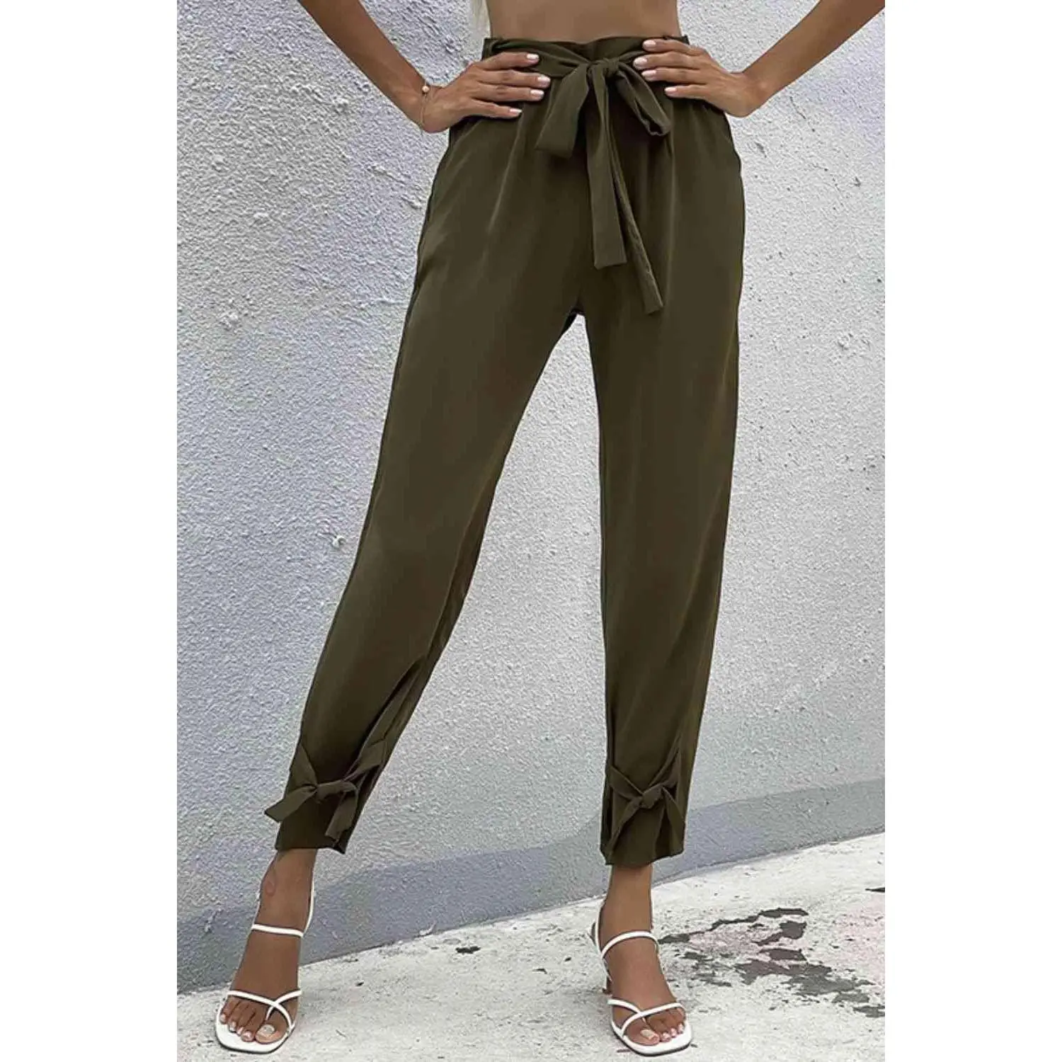 Tie Detail Belted Pants with Pockets