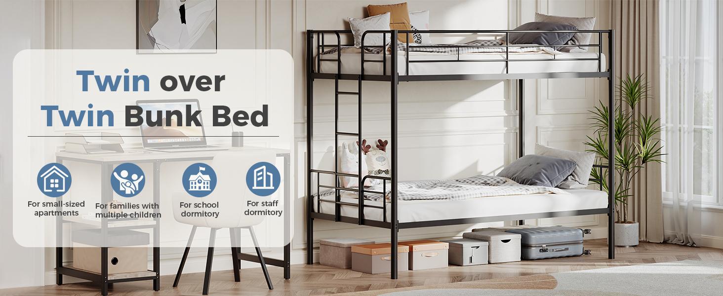 Twin Over Twin Metal Bunk Bed with Stairs & Safety Guardrails, Heavy-Duty Steel Frame, No Box Spring Needed, Space-Saving Bunk Beds