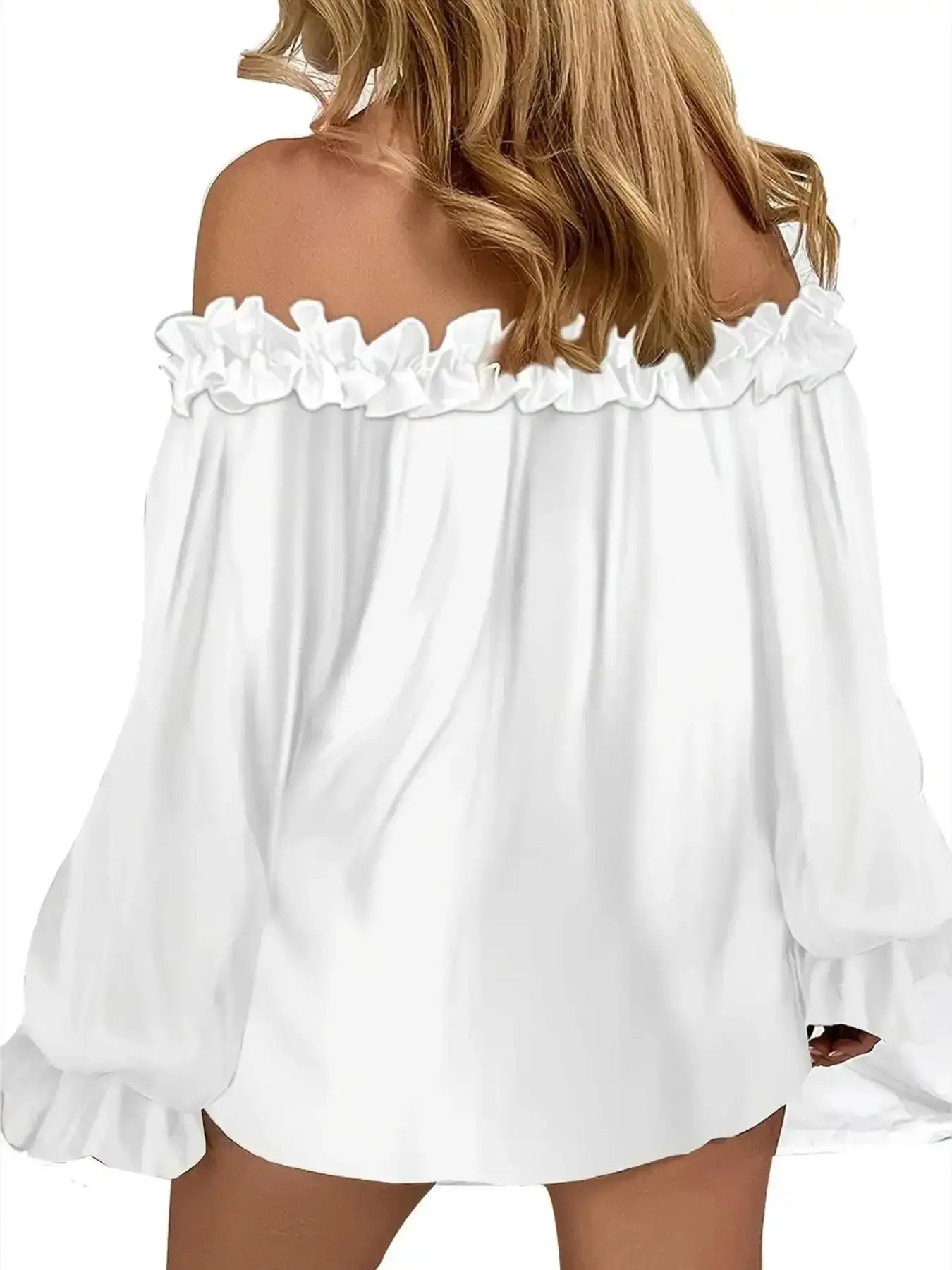 Plus Size Off-Shoulder Ruffle Blouse, Puff Long-Sleeve Ruffled Tops, Lightweight Breathable Fabric Y2K Summer Outfits, Comfortable Relaxed Fit Work Casual Shirt, Chic Stylish Frill Detail Daily Blouse Curve