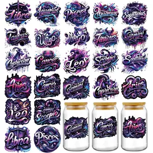 Zodiac UV DTF Stickers - 24 Sheets Sticker Packs Purple Leo Sagittarius UV DTF Cup Wraps for 16 oz Glass Water Bottle, Libra Taurus Waterproof Transfer Sticker Decals DIY Tumbler Coffee Mug Craft Decoration