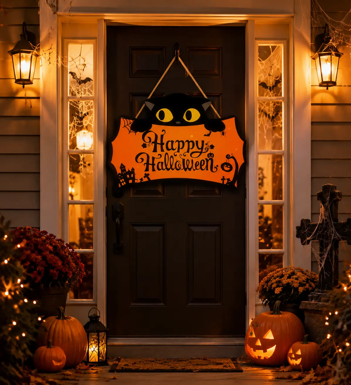 Halloween Door Hanging Sign, Happy Halloween Front Door Decor with Black Cat Design, Spooky Hanging Decoration for Home Porch Party Outdoor Indoor Decoration