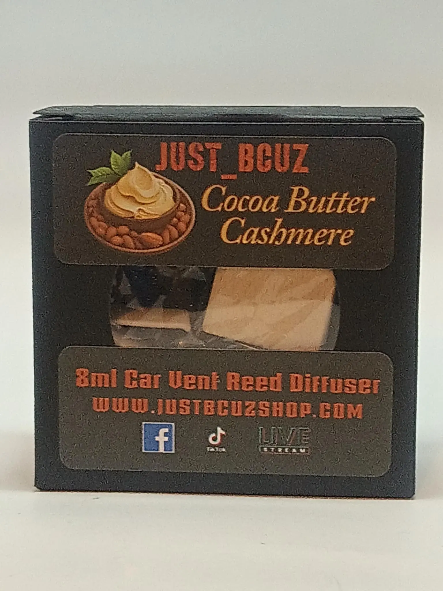 Just BCUZ 8ml Cocoa Butter Cashmere Scented Car Vent Reed Diffuser Premium Quality Glass Bottle Set with 2 Reeds & Care Card