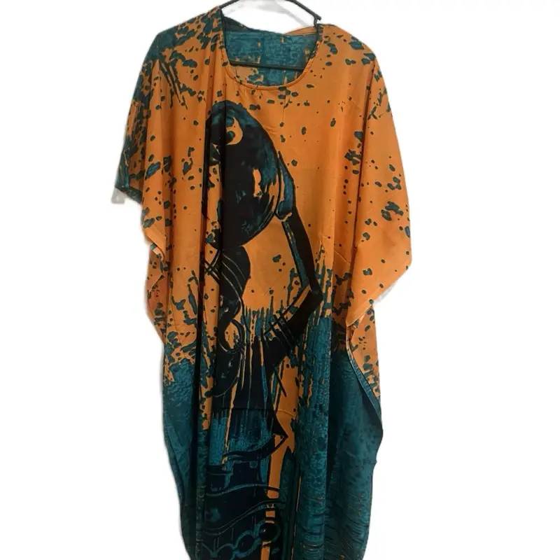 Plus Size Kaftan Dresses for Ladies - Casual Women's Wear, Parfait Design, Orange & Teal Color Block, Versatile for Home and Beach Vacation