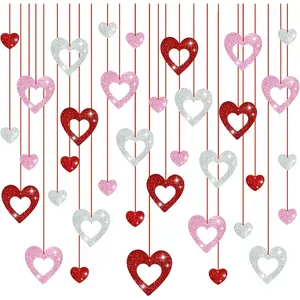 36 Pcs Valentine's Day Decorations Glitter Heart Hanging Swirls - No DIY Red Pink Silver Heart Hanging Decorations Party Decoration Swirls Ornaments for Valentines Day Party Supplies Decorations