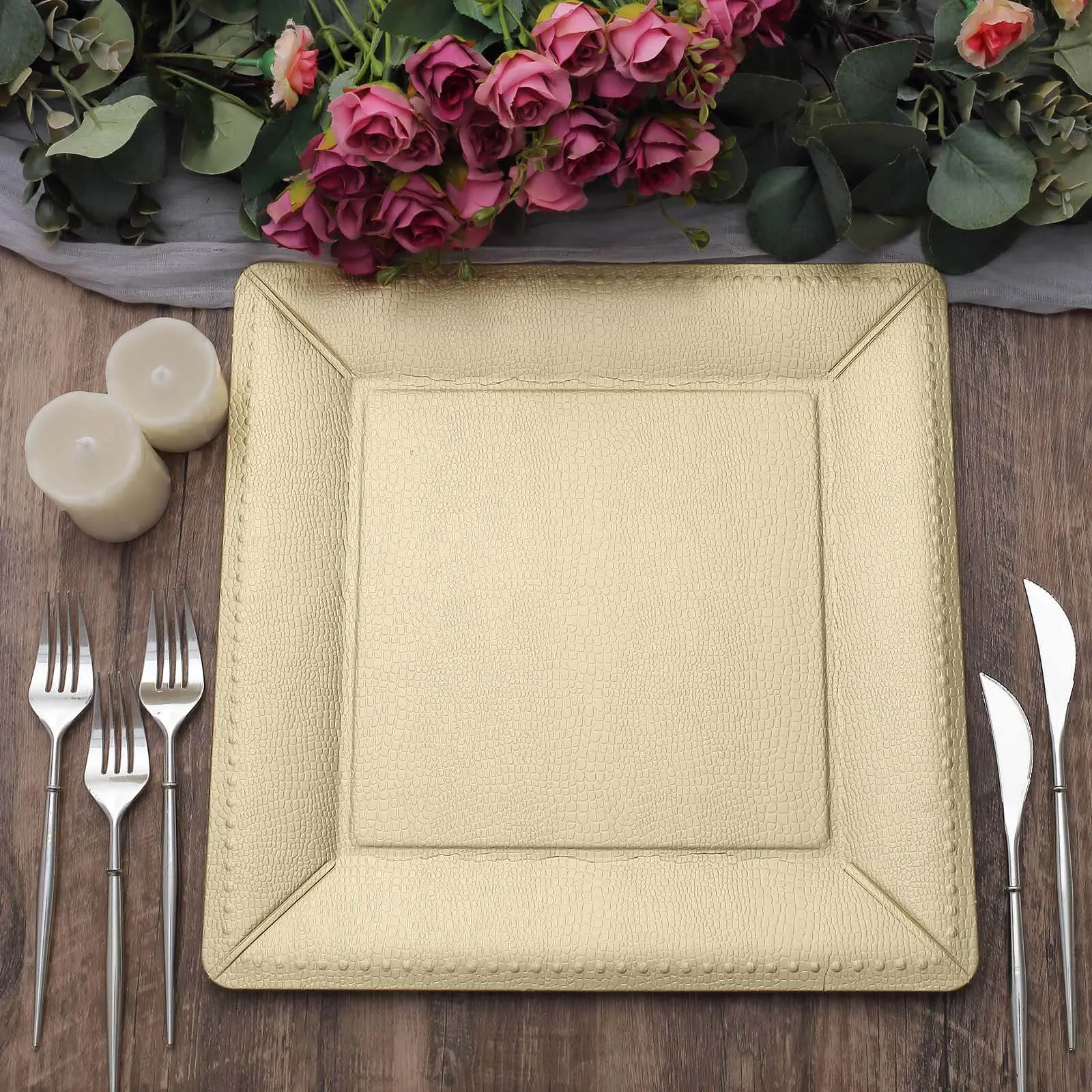 10-Piece Heavyweight Disposable Square Party Plates with 13" Champagne Leather-Like Paper Charger Plates for Weddings, Food Serving, Disposable Dinner Plates