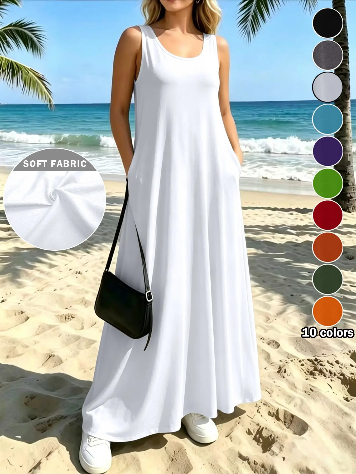 Plus Size Women's Summer Solid Color Casual Beach Style U-Neck Sleeveless Dress, Loose Flowy Pocket Design, Perfect for Beach Vacation/daily Outing/home Wear