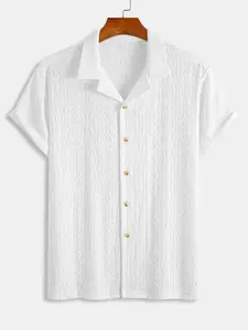 Men's Knit Stretch Geometric Jacquard Shirt, Short Sleeve Collared Button-Down, Casual Summer Textured Shirt, Breathable Fabric