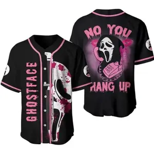 Pink Black Ghostface Style Baseball Jersey – “No You Hang Up” Horror Graphic Button Up Shirt, Unisex Streetwear