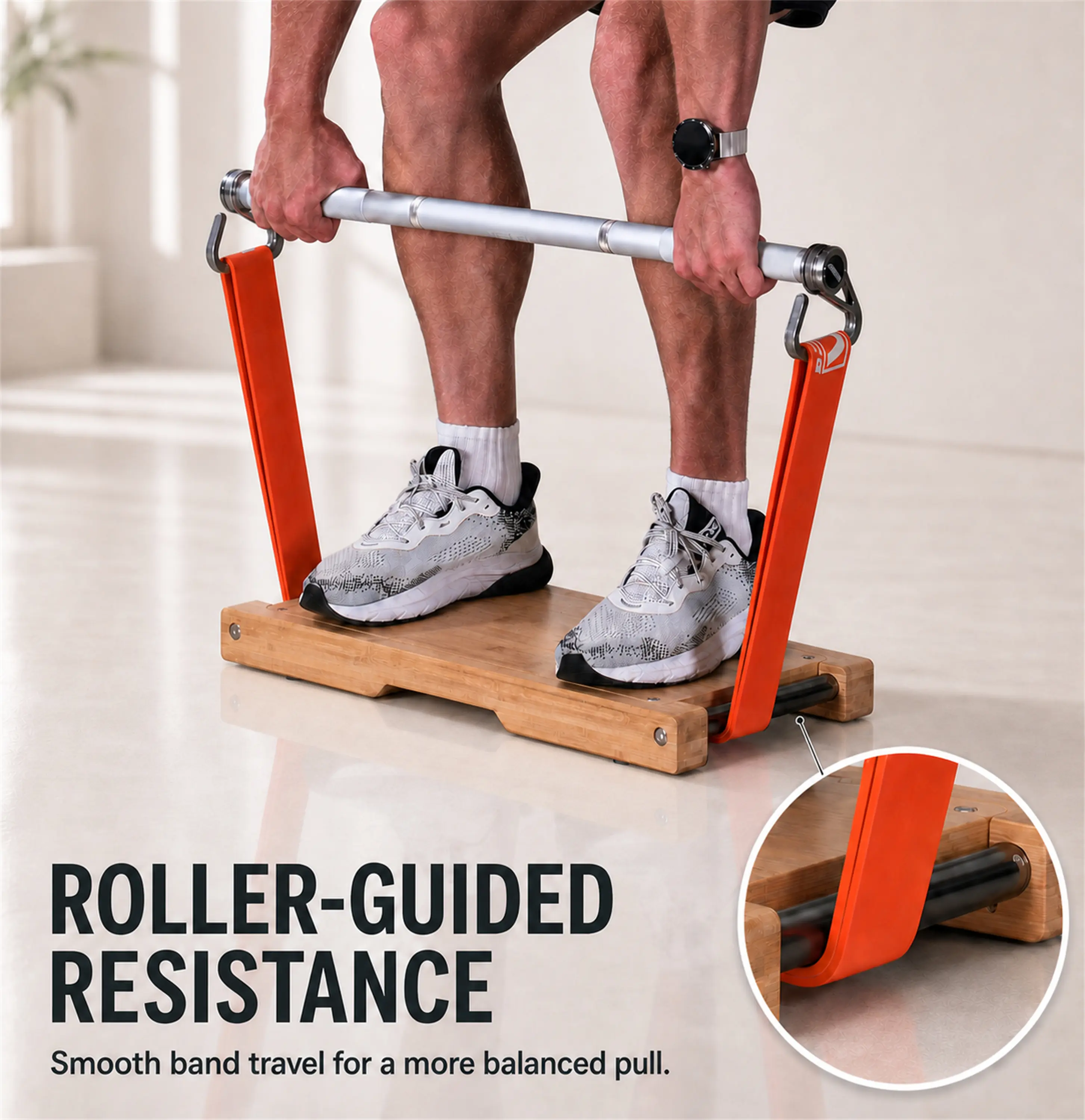 GEKU Bamboo Wood Resistance Band Training Roller Board - Unisex Home Gym Strength Training Equipment with Dual Rollers for Smoother Movement, Even Pull