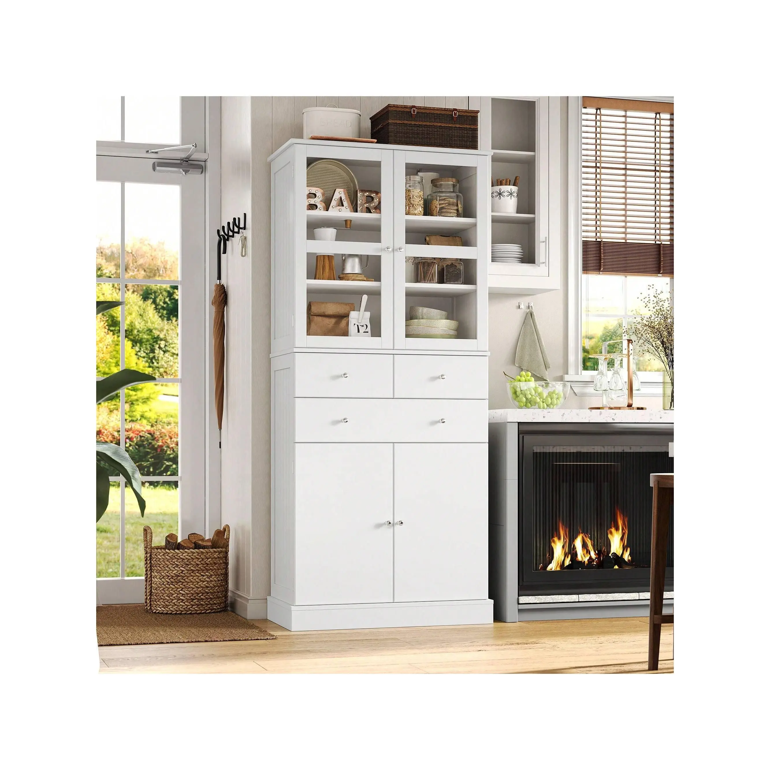 High quality  71 Tall Floor Glass Doors And Display Shees Modern Kitchen Pantry Storage Freestanding Bar Accent Hutch Cabinet With 2 Drawers Wood Cupboard For Living Dining Room Entryway Hall Way White