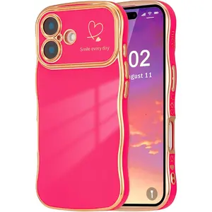 for iPhone 16 Plus Case 6.7 inch,Cute Curly Wave Frame Case with Love Heart Pattern,Luxury Plating Edge Full Camera Protection Shockproof Phone Case for Women Girls-Rose Red