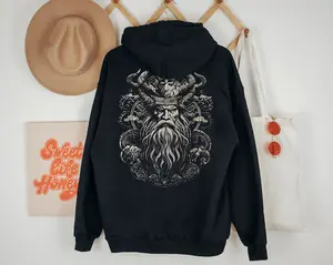 Norse God Odin Viking Hoodie Mythical Celtic Nordic Mythology Mystical Sweater Valhalla Warrior Vegvisir Gift Gothic Metal Biker Rocker