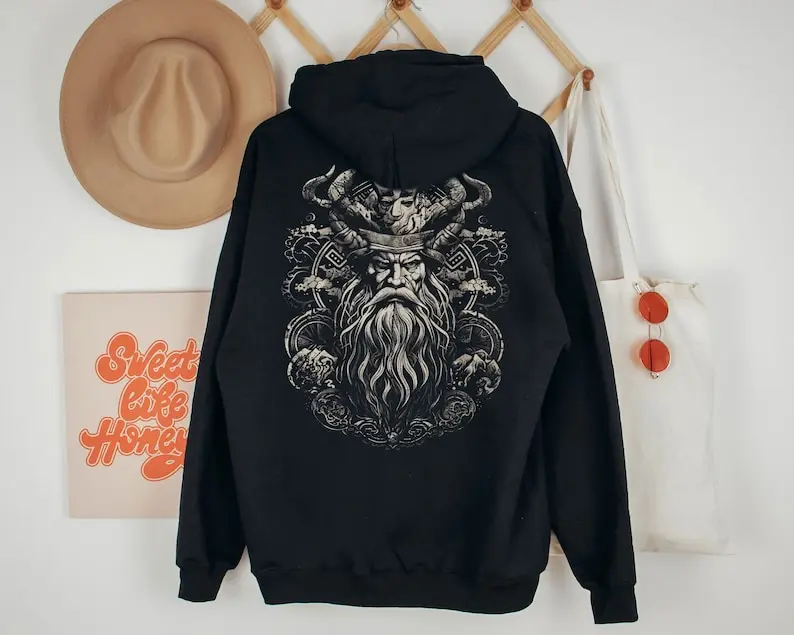 Norse God Odin Viking Hoodie Mythical Celtic Nordic Mythology Mystical Sweater Valhalla Warrior Vegvisir Gift Gothic Metal Biker Rocker