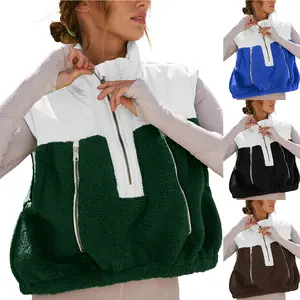 Ommig Fleece Vests for Women Half Zip Up Sleeveless Quilted Jacket Crop Puffer High Neck Vest Lightweight Comfort Casual Padded Coat Outwear Womenswear Patchwork Soft Tops