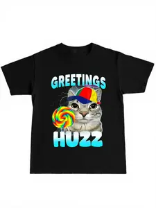 "greetings Huzz" Cat Print T-Shirt, Soft Breathable Cotton, Kids Friendly, Casual Daily Wear, Comfortable Long Sleeve Tee, Graphic Print Shirt, Casual Comfy Shirt, Cute Graphic Tee