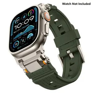 Metallic Sport Band for Apple Watch Ultra 3/2/1 with 49mm/46mm/45mm/44mm/42mm for Men, Smartwatch Strap, Metal Connector with Silicone Sport Band for Apple Watch Ultra Series 10/9/8/7/6/SE/5/4/3/2/1- Green, Smart Watch Straps (Watch Not Included)