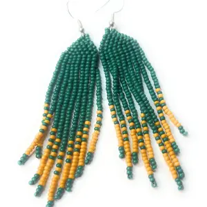 Alili Green  & Orange Fringe A  Beaded Extra Large Drop Earrings with Fringe Design