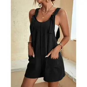 Women's Adjustable Knot Front Strappy One-Piece Shorts - Lightweight Casual Summer Beachwear, Solid Color Machine Washable for Vacation & Outdoor Activities, Beach Swimwear, Offshoulder Swimwear, Opaque Swimwear