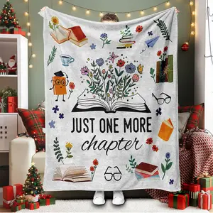 "Just One More Chapter" Flannel Blanket Funny Reading Illustration Print Throw Blanket Gift for Book Lover Bookworm Birthday Christmas Study Sofa Cozy Chic Blanket Cozy Plush Blanket