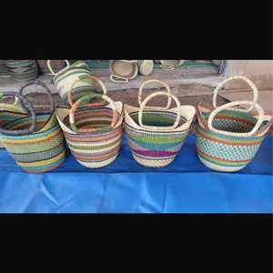 Colorful Handwoven African Baskets Made With Dry Elephant Grass and Leather Handles-Handwoven by women in Bolgatanga, Ghana