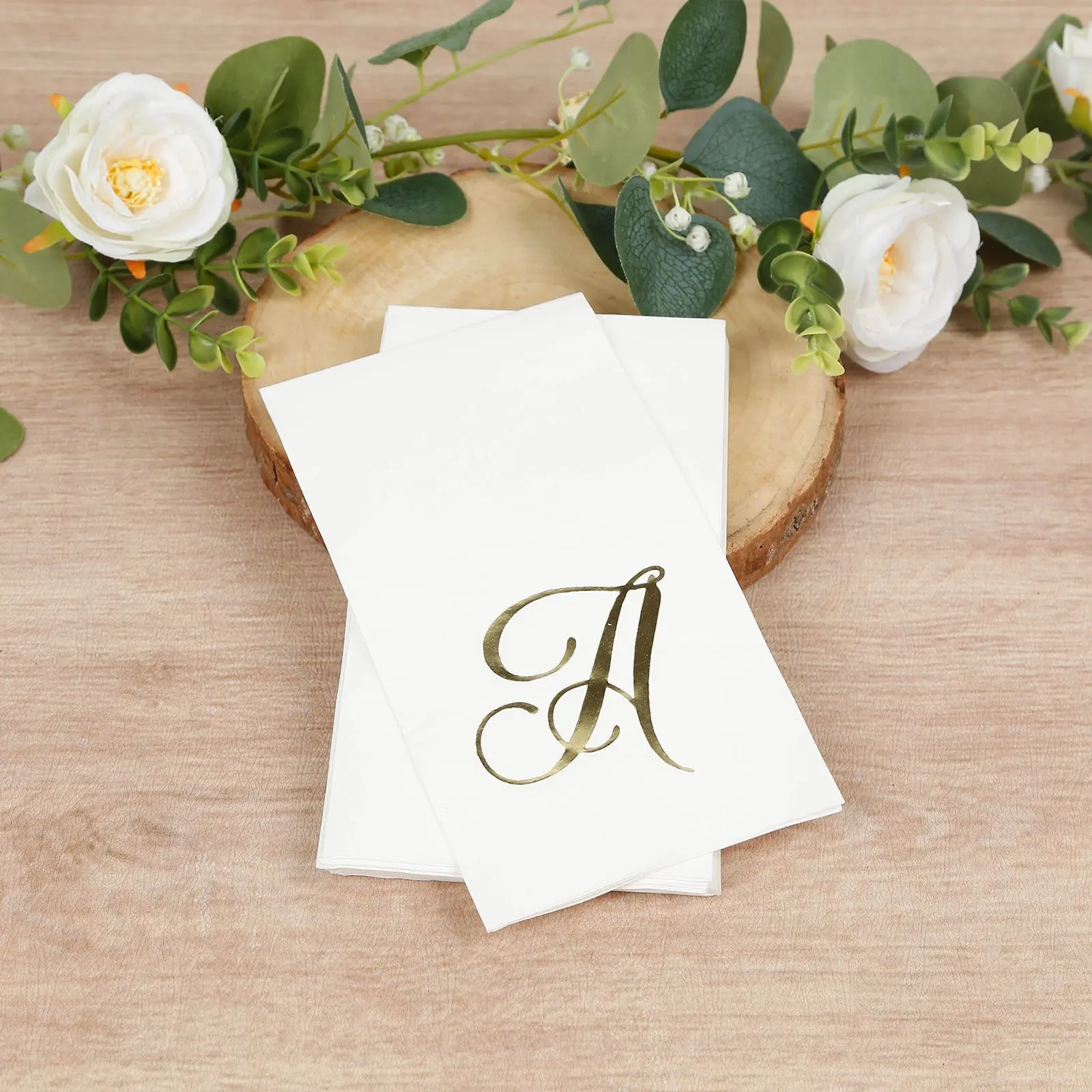 100-Pack Disposable Paper Dinner Napkins - White with Gold Foil Monogram 'A', 8"x4" Folded, Disposable Products for Birthday/Wedding, Restaurant Tableware & Home Party Supplies