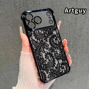 Phone Case for iPhone 17 Pro Max 16 15 Plus Air 14 13 12 11 E Lace Elegance Pattern Four Corners Reinforced Shockproof Transparent Soft Silicone Cover