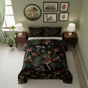 Wild Mushroom Comforter Set for Kids,Burgundy Plant Fallen Leaves Bedding Set,Teens Cute Room Decor,Embroidery Snail Print Comforter with for All Seasons
