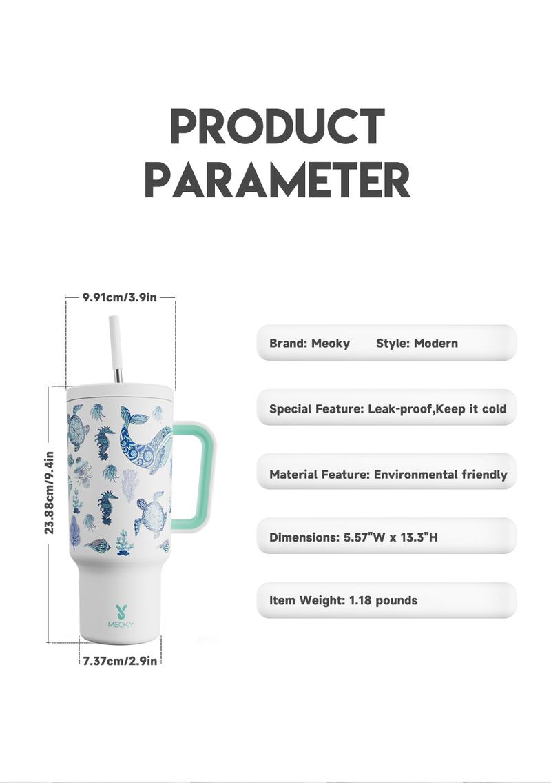 【Latest Style】 - Meoky 40oz Stay Hot Or Cold All DayStainless Steel Thermos Cup, Perfect For Car, Office & Travel, Large Capacity, Trendy Design, Valentine's Day gift Ready Glow-In-The-Dark White Marine Life, Insulated Mug Tumbler With Handle