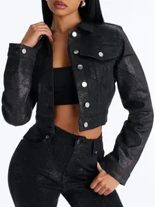 Past Midnight Glitter Foil Denim Jacket - Black