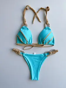 Two-Piece Set Women's Colorblock Halter Neck Bikini Set, Halter Bikinis Set, Casual Fashion Chic Swimsuit for Beach Holiday Vacation, Ladies Swimwear for All Seasons, Colorblock Swim Top