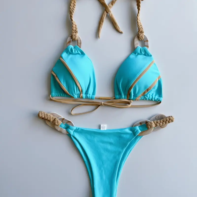 Two-Piece Set Women's Colorblock Halter Neck Bikini Set, Halter Bikinis Set, Casual Fashion Chic Stylish Bikini Set Swimsuit for Beach Holiday Vacation, Ladies Swimwear for All Seasons, Colorblock Swim Top, Bikini Beachwear, Swimsuit Bikini Sets