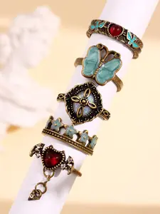 5pcs/Set Vintage Butterfly, Devil, Heart Faux Gemstone Ring Set, Minimalist Versatile High-End Fashion Accessories, Women's Holiday Gift Jewelry Stackable Rings Stacking Rings