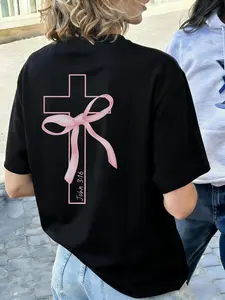 Women's Summer New Simple Criss-Cross Bow Print Casual Vacation Loose Versatile Round Neck Dark Grey Short Sleeve T-Shirt, Fashionable Everyday Top, Suitable For Daily And Vacation Wear