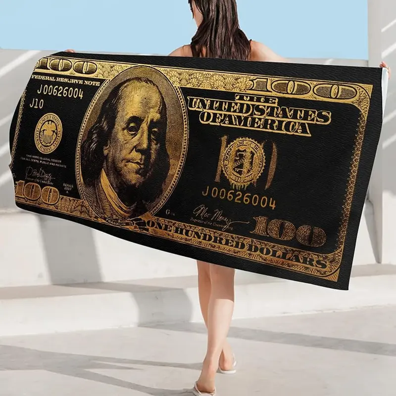 Black and Gold 100 Dollar Bill Beach Towels for Adults Funny Money Beach Towel for Mens Quick Dry Towel Oversize 30"x60" 270GSM Lightweight,Soft Bath Towel for Pool,Swimming,Travel,Beach Chair