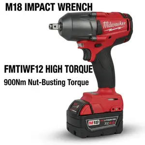 Milwaukee M18 FMTIWF12 18V 1/2 Inch Impact Wrench 900Nm for Heavy Duty Work tool kit set Cordless Drill Household Multi-Function Electrician machine power brushless automotive repair diy garage use great gift workshop