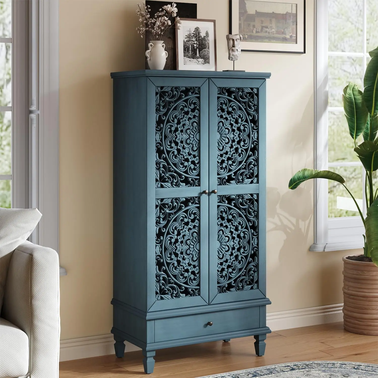Traditional 55.5" Tall Freestanding Hand-Carved Solid Wood Accent Cabinet with Doors, Classic Antique Knobs, 1 Drawer for Easy Storage, Buffet Sideboard Furniture for Living Room, Dining Room, Blue