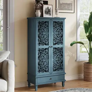 Accent Cabinet with Doors, 55.5" Tall Vintage Sideboards Carved Wood Buffet Cabinet with 1 Drawer, Accent Furniture for Living Room, Dining Room, Entryway, Hallway, Blue