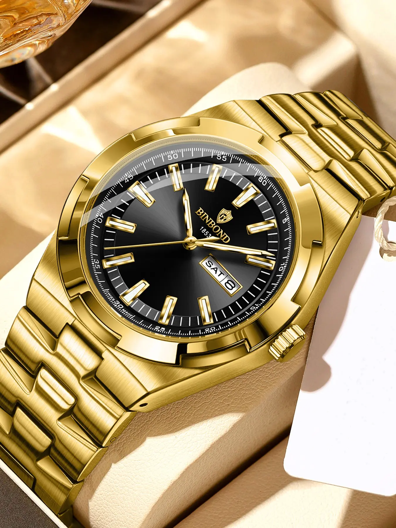 BINBOND B9420 Fashion Men Business Watch Leisure Quartz Stainless Steel Butterfly Buckle Watches Waterproof Luminous Calendar Men's Watches, Watch for Party, Daily Clothing Decor,with Box, Analog Quartz Movement, Modern Fashionable Wristwatch