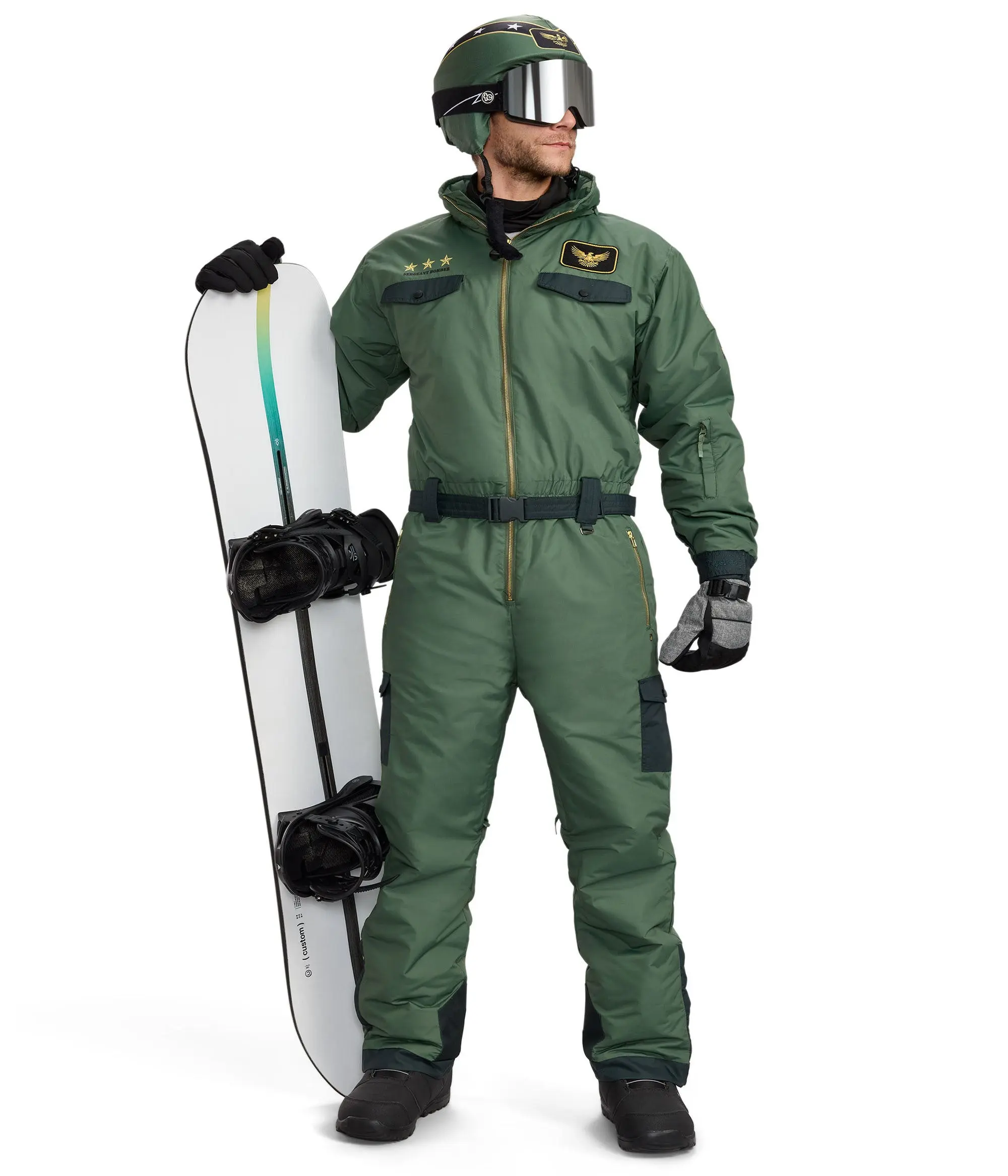 Men's Fighter Pilot Snow Suit with Helmet Cover, Waterproof Insulated Full Length Sports Clothing with Aviation Patch