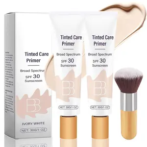 Tinted Moisturizer SPF 30, Tinted Care Primer, Tinted Care Primer with Brush, Provide Full Coverage Light-Medium Skin Color Hydrating & Smoothing with Brush Cream Makeup