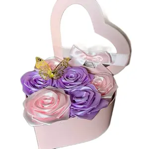 Handmade  gift Pink and Purple Handmade eternal ribbon roses in heart shaped box with gold butterfly accent,  beautiful and elegant gift for women for any occasion, for birthday, Christmas, anniversary, Valentine’s Day, Mother’s Day