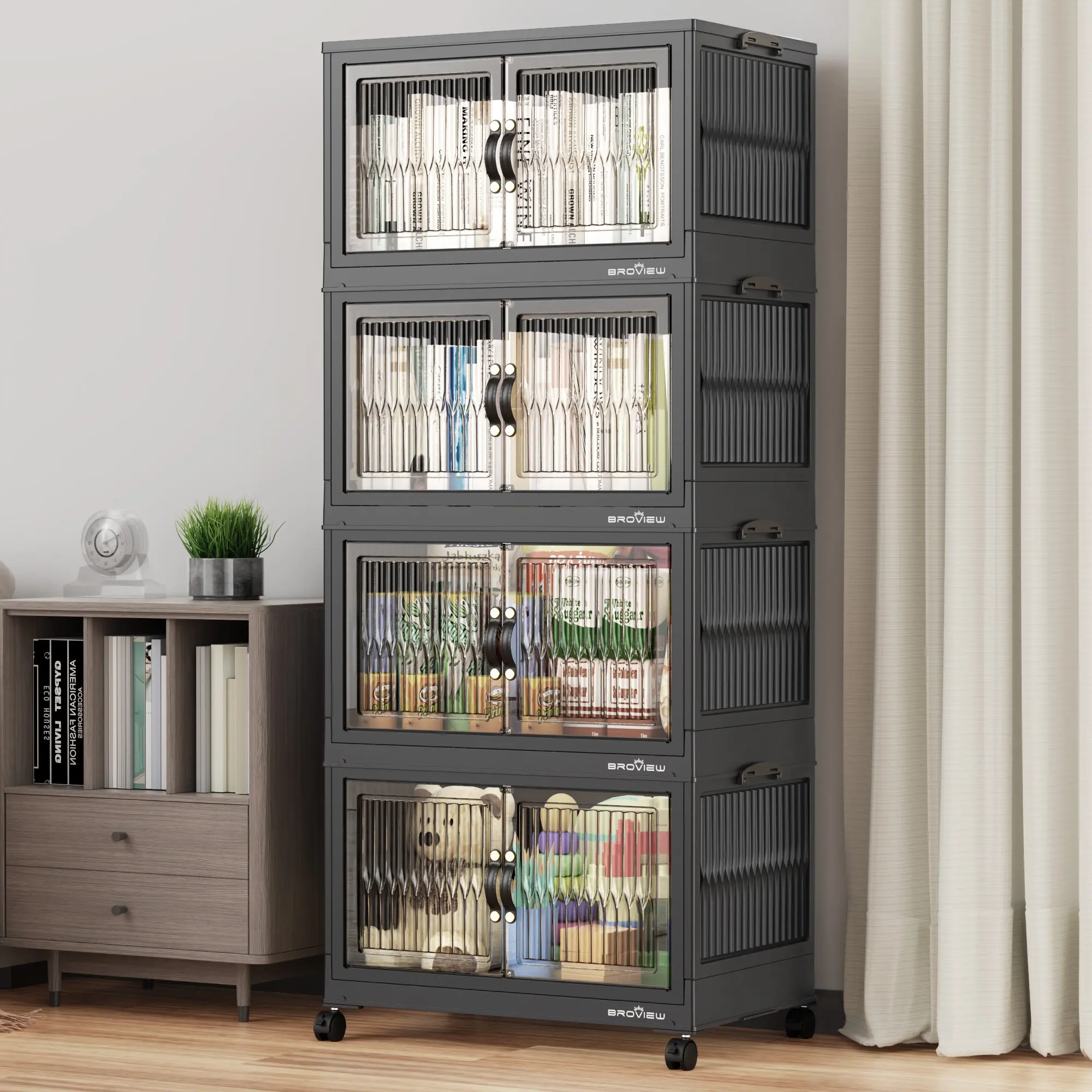 Broview V8 Modern Rectangle Stackable Storage Bins with Lids - 100Qt Each (300Qt/400Qt/500Qt Options), 360-Rotating Wheels, Collapsible Closet Organizer Plastic Containers for Home Kitchen Organization, 360 Rotating Storage Bins With Lids