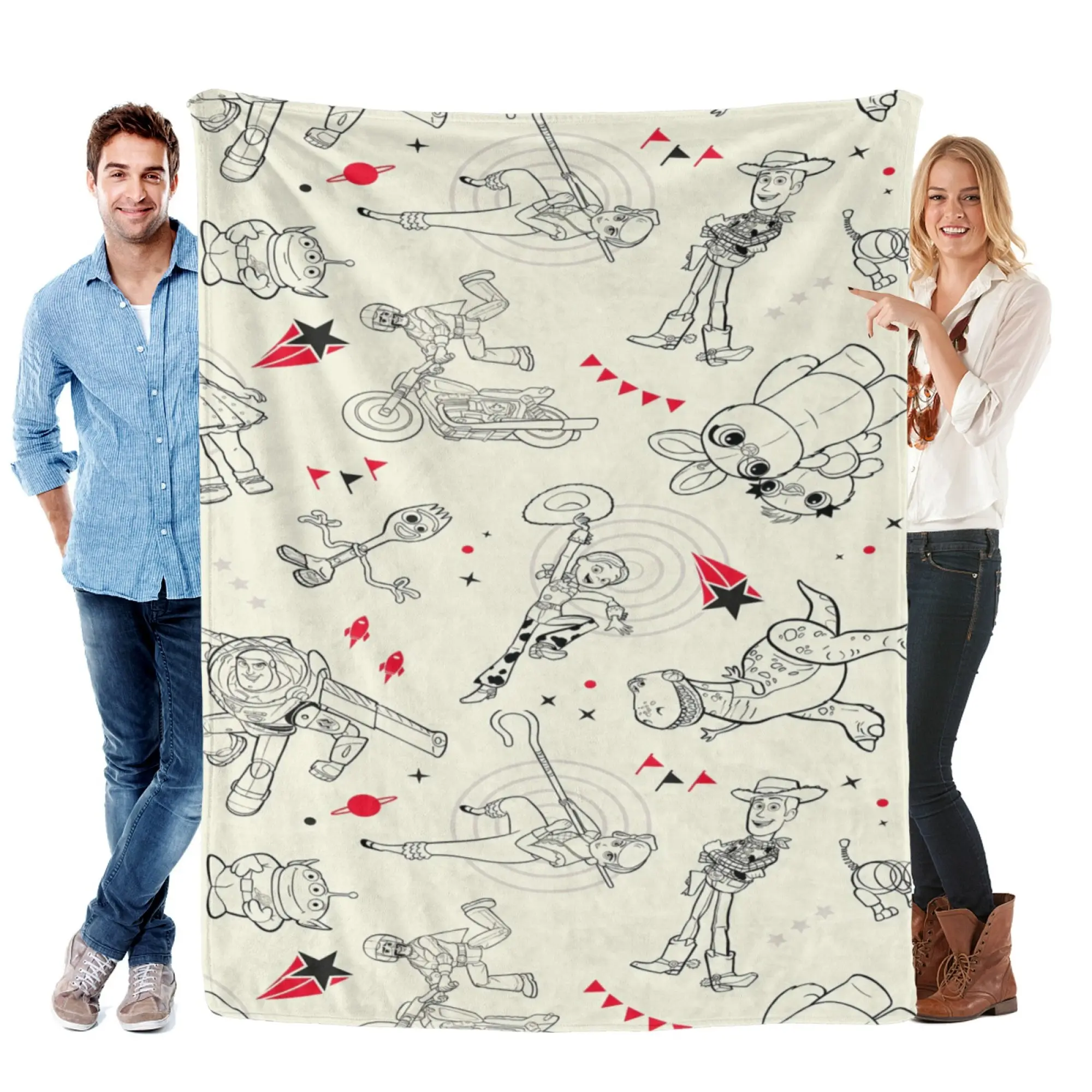 [SummerVibes] DISNEY CLASSIC Toy Story Sketch Pattern Flannel Blanket, Soft 2D Print Throw with Woody & Buzz for Home, Kids Bed & Fans